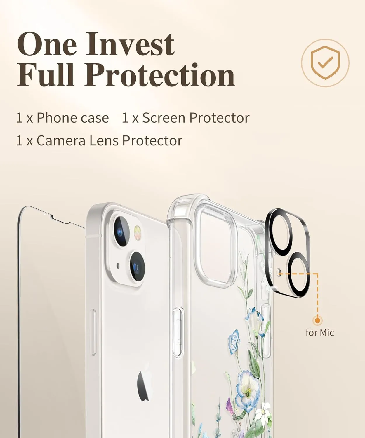 GVIEWIN for iPhone 14 Case Floral, with Screen Protector Camera Lens Protector,[Non Yellowing] Soft Shockproof Clear Phone Protective Cover for Women, Flower Pattern Design 6.1"(Aquilegia/White)