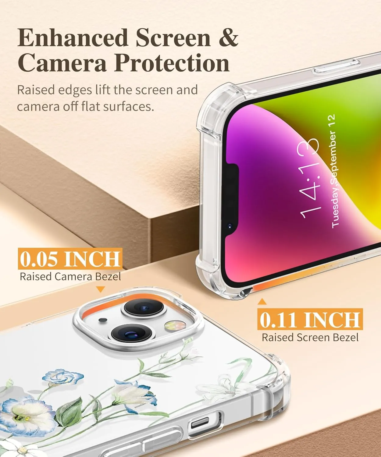 GVIEWIN for iPhone 14 Case Floral, with Screen Protector Camera Lens Protector,[Non Yellowing] Soft Shockproof Clear Phone Protective Cover for Women, Flower Pattern Design 6.1"(Aquilegia/White)
