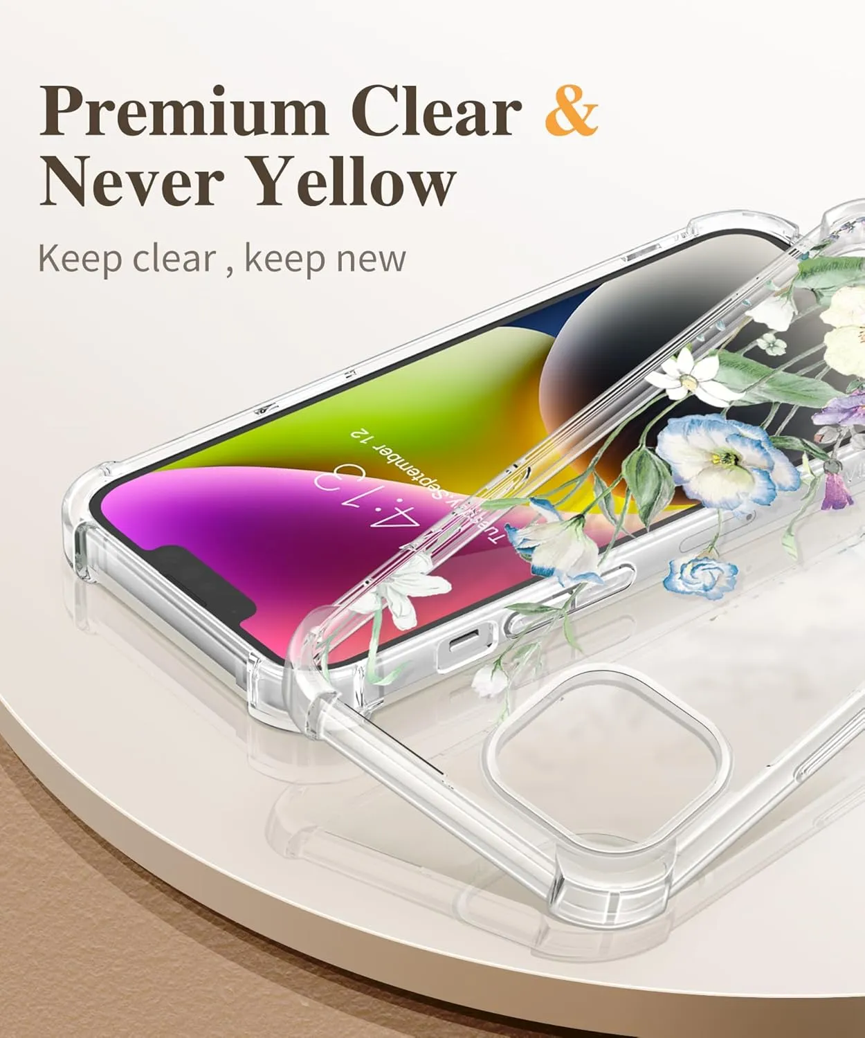 GVIEWIN for iPhone 14 Case Floral, with Screen Protector Camera Lens Protector,[Non Yellowing] Soft Shockproof Clear Phone Protective Cover for Women, Flower Pattern Design 6.1"(Aquilegia/White)