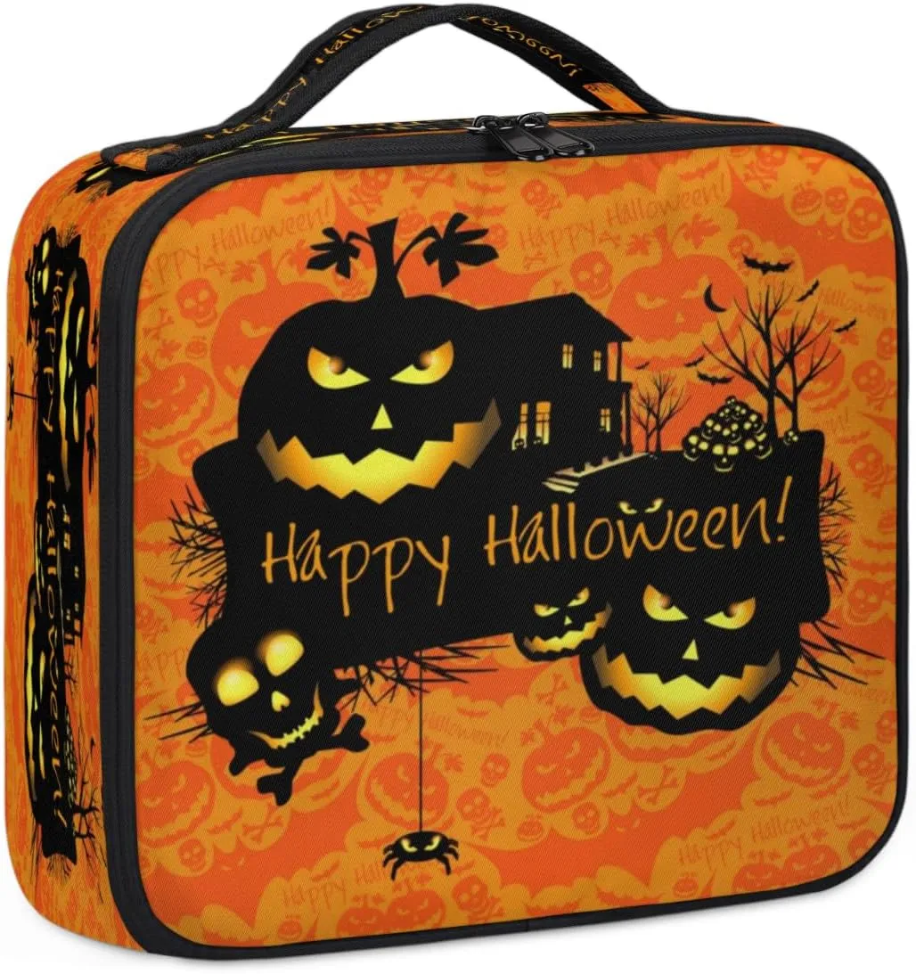 Halloween Theme Makeup Train Case Travel Makeup Bag Professional Cosmetic Organizer Portable Storage Box with Adjustable Dividers for Cosmetics Makeup Brushes Toiletry