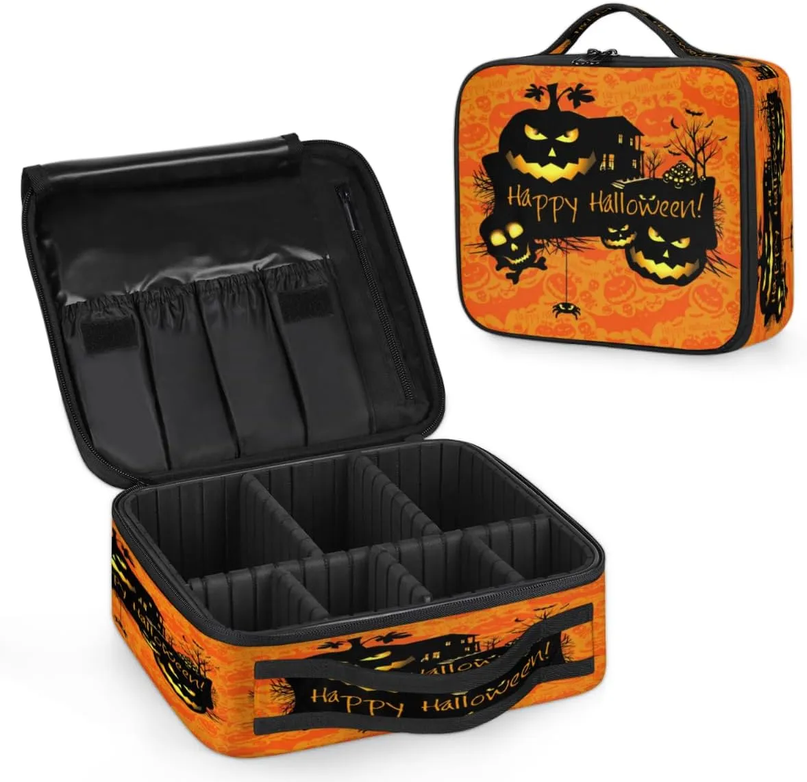 Halloween Theme Makeup Train Case Travel Makeup Bag Professional Cosmetic Organizer Portable Storage Box with Adjustable Dividers for Cosmetics Makeup Brushes Toiletry