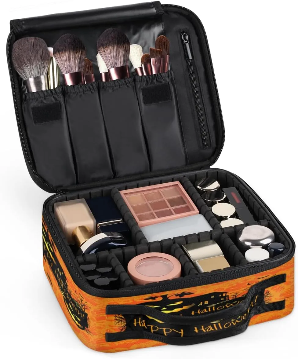 Halloween Theme Makeup Train Case Travel Makeup Bag Professional Cosmetic Organizer Portable Storage Box with Adjustable Dividers for Cosmetics Makeup Brushes Toiletry