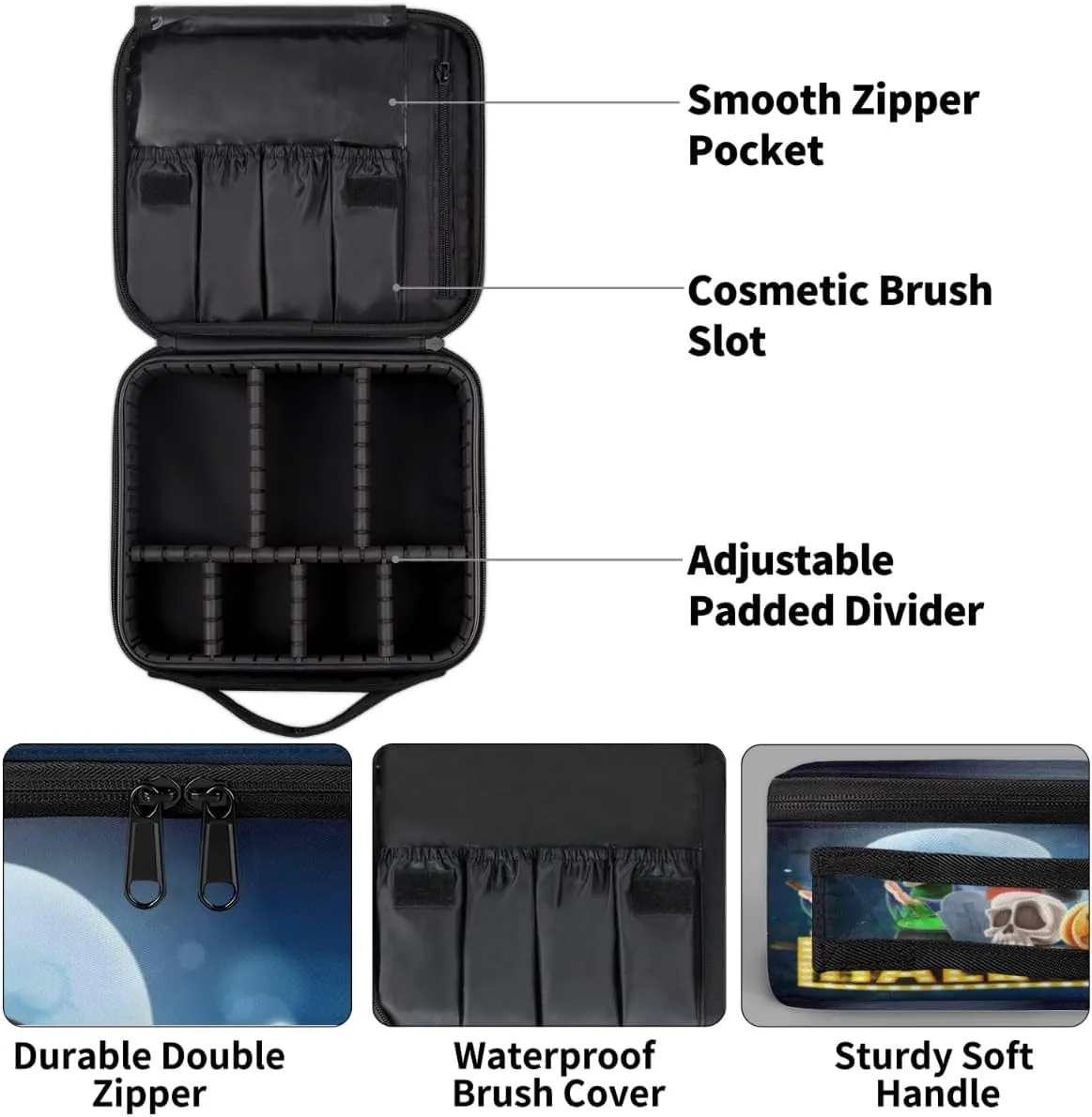 Halloween Topic Makeup Train Case Travel Makeup Bag Professional Cosmetic Organizer Portable Storage Box with Adjustable Dividers for Cosmetics Makeup Brushes Toiletry