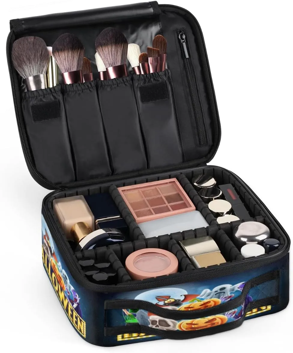 Halloween Topic Makeup Train Case Travel Makeup Bag Professional Cosmetic Organizer Portable Storage Box with Adjustable Dividers for Cosmetics Makeup Brushes Toiletry