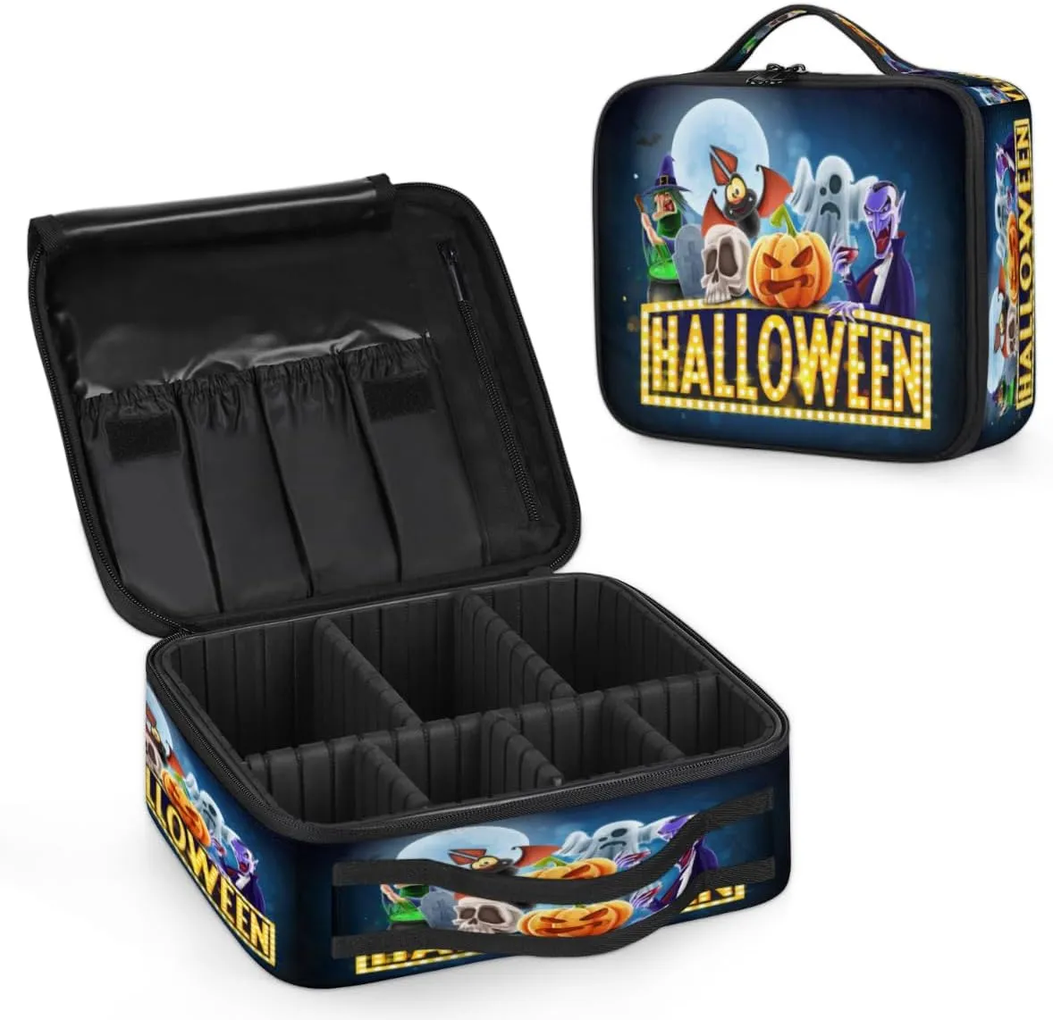 Halloween Topic Makeup Train Case Travel Makeup Bag Professional Cosmetic Organizer Portable Storage Box with Adjustable Dividers for Cosmetics Makeup Brushes Toiletry