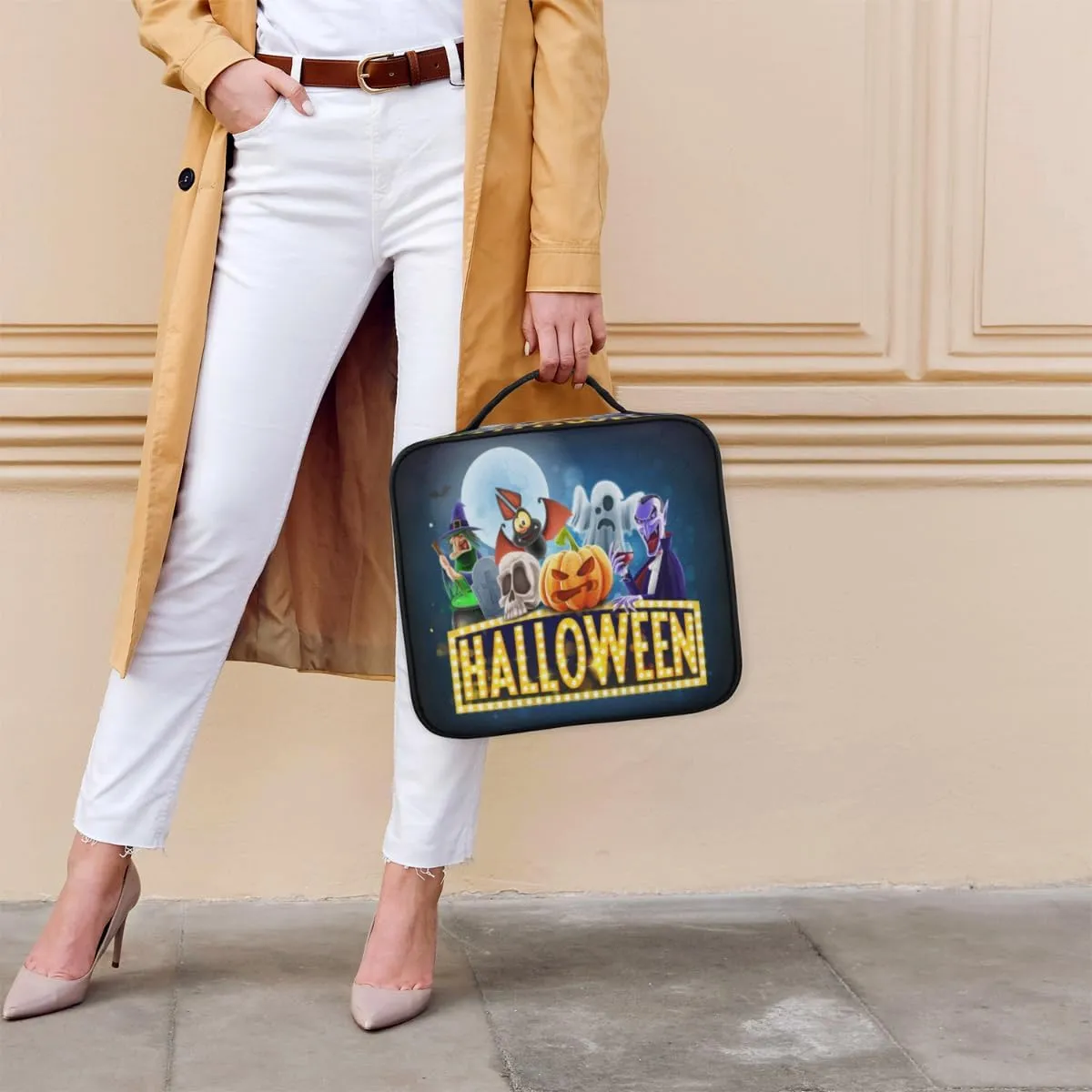 Halloween Topic Makeup Train Case Travel Makeup Bag Professional Cosmetic Organizer Portable Storage Box with Adjustable Dividers for Cosmetics Makeup Brushes Toiletry