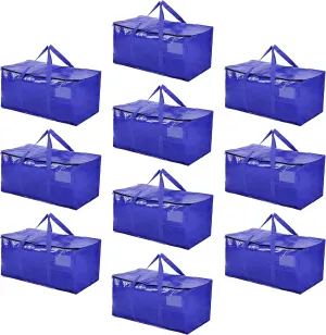 Hamna Collection Heavy Duty 10 Extra Large Blue Moving Bags With Handles, Zippers & Laundry Bag, Waterproof Storage Totes, Alternative to Box and Bin