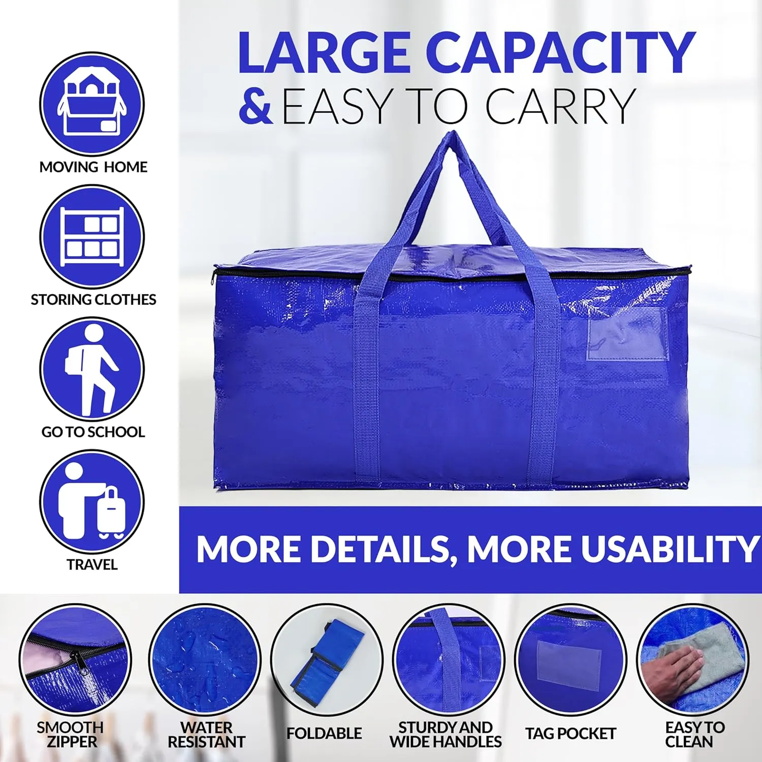 Hamna Collection Heavy Duty 10 Extra Large Blue Moving Bags With Handles, Zippers & Laundry Bag, Waterproof Storage Totes, Alternative to Box and Bin