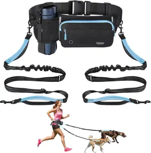 Hands Free Dog Leash 2 Dogs, Adjustable Waist Leash for Dog Walking with Dual Bungees Padded Handle, Shock Absorbing Hands Free Leash for Small Medium-Sized Dogs Outdoor Activities, Black Blue