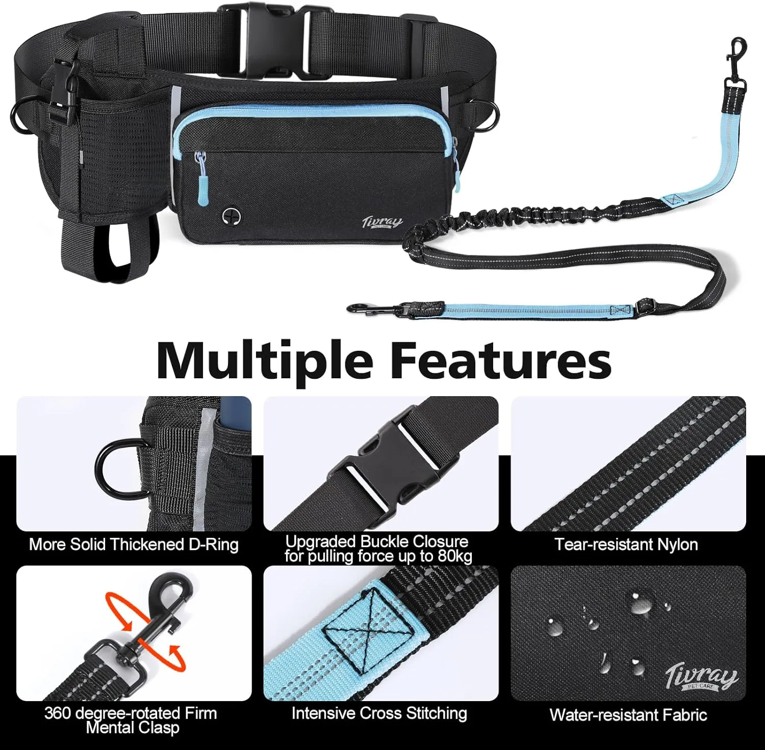Hands Free Dog Leash 2 Dogs, Adjustable Waist Leash for Dog Walking with Dual Bungees Padded Handle, Shock Absorbing Hands Free Leash for Small Medium-Sized Dogs Outdoor Activities, Black Blue