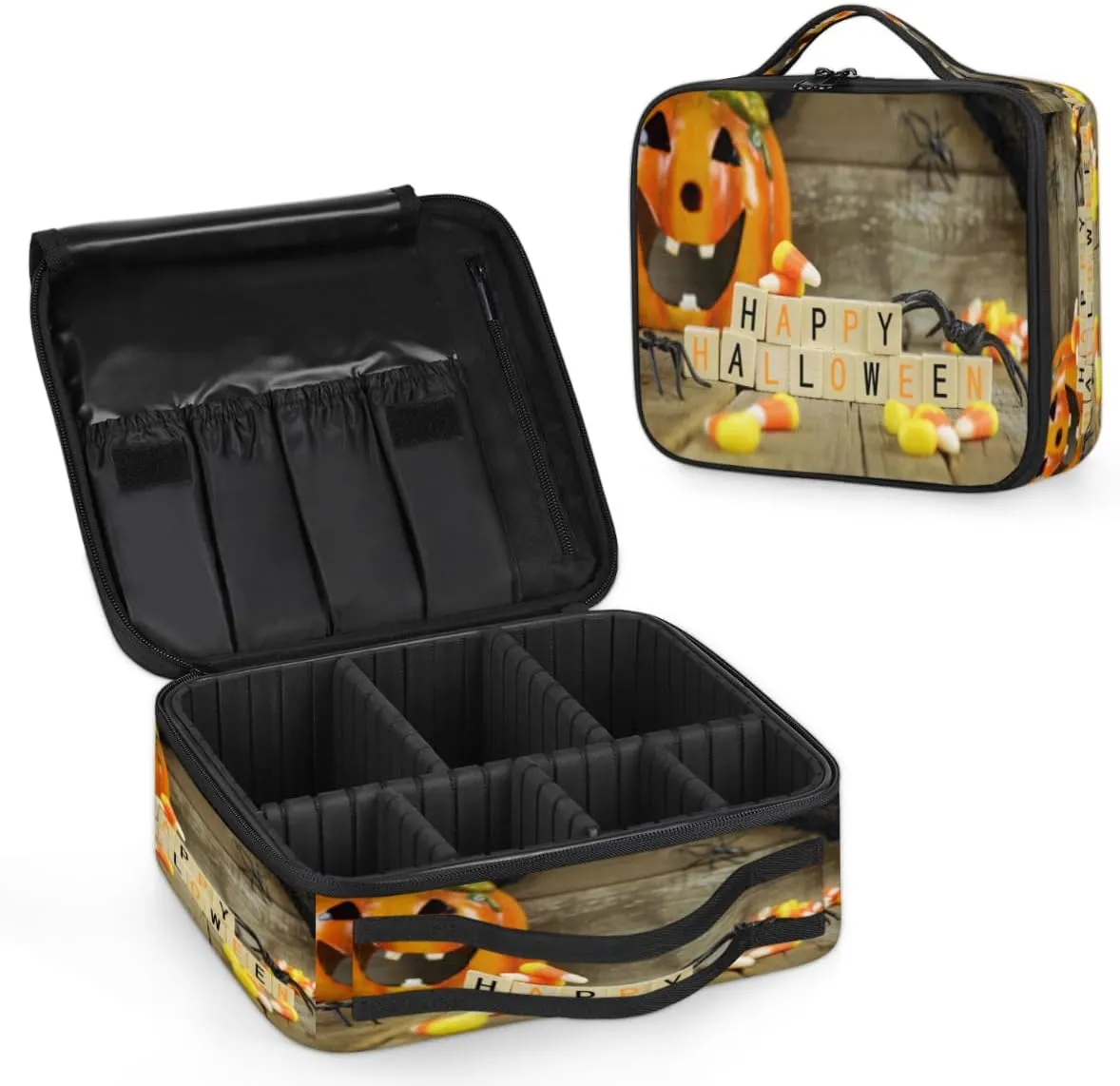Happy Halloween Pumpkin Makeup Train Case Travel Makeup Bag Professional Cosmetic Organizer Portable Storage Box with Adjustable Dividers for Cosmetics Makeup Brushes Toiletry