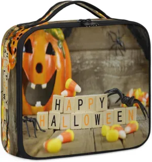 Happy Halloween Pumpkin Makeup Train Case Travel Makeup Bag Professional Cosmetic Organizer Portable Storage Box with Adjustable Dividers for Cosmetics Makeup Brushes Toiletry