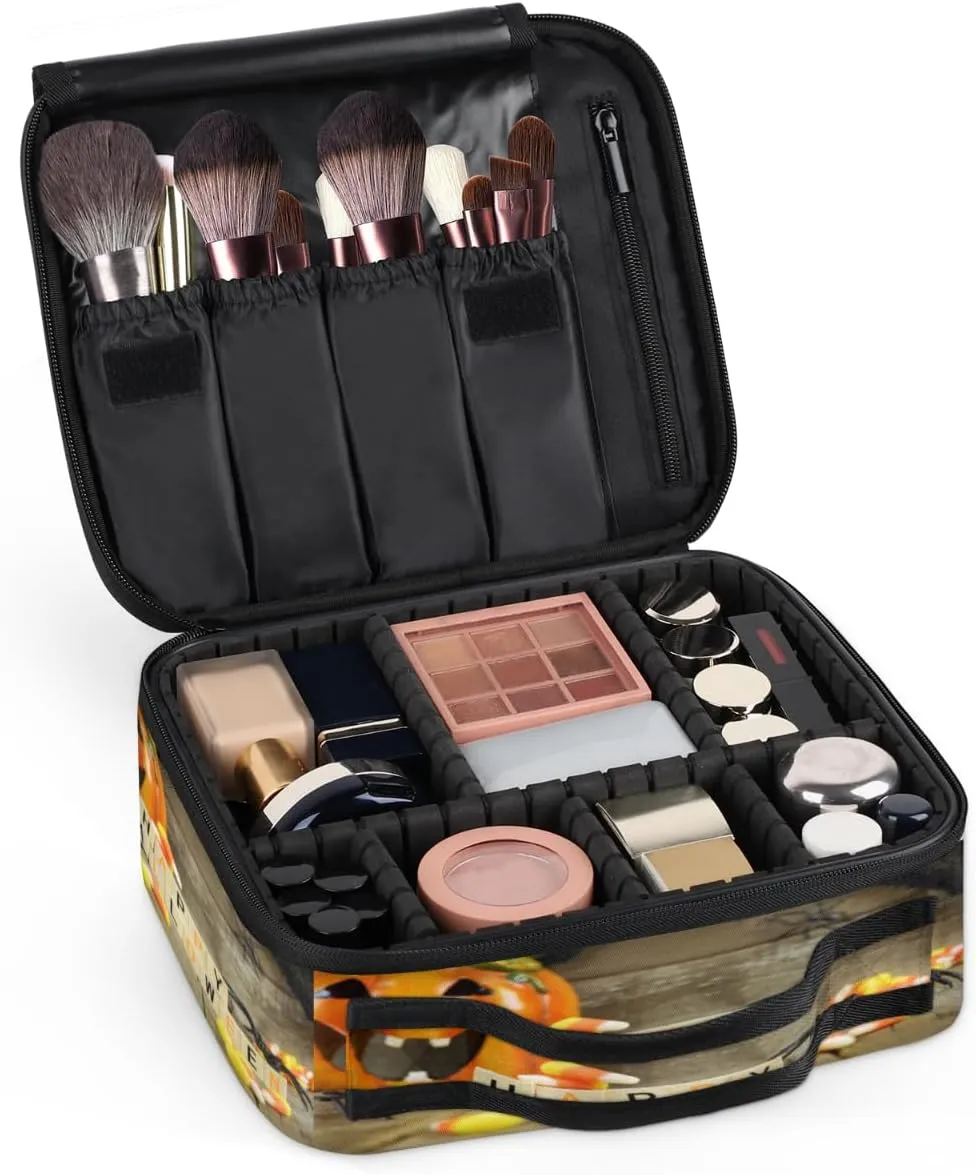 Happy Halloween Pumpkin Makeup Train Case Travel Makeup Bag Professional Cosmetic Organizer Portable Storage Box with Adjustable Dividers for Cosmetics Makeup Brushes Toiletry