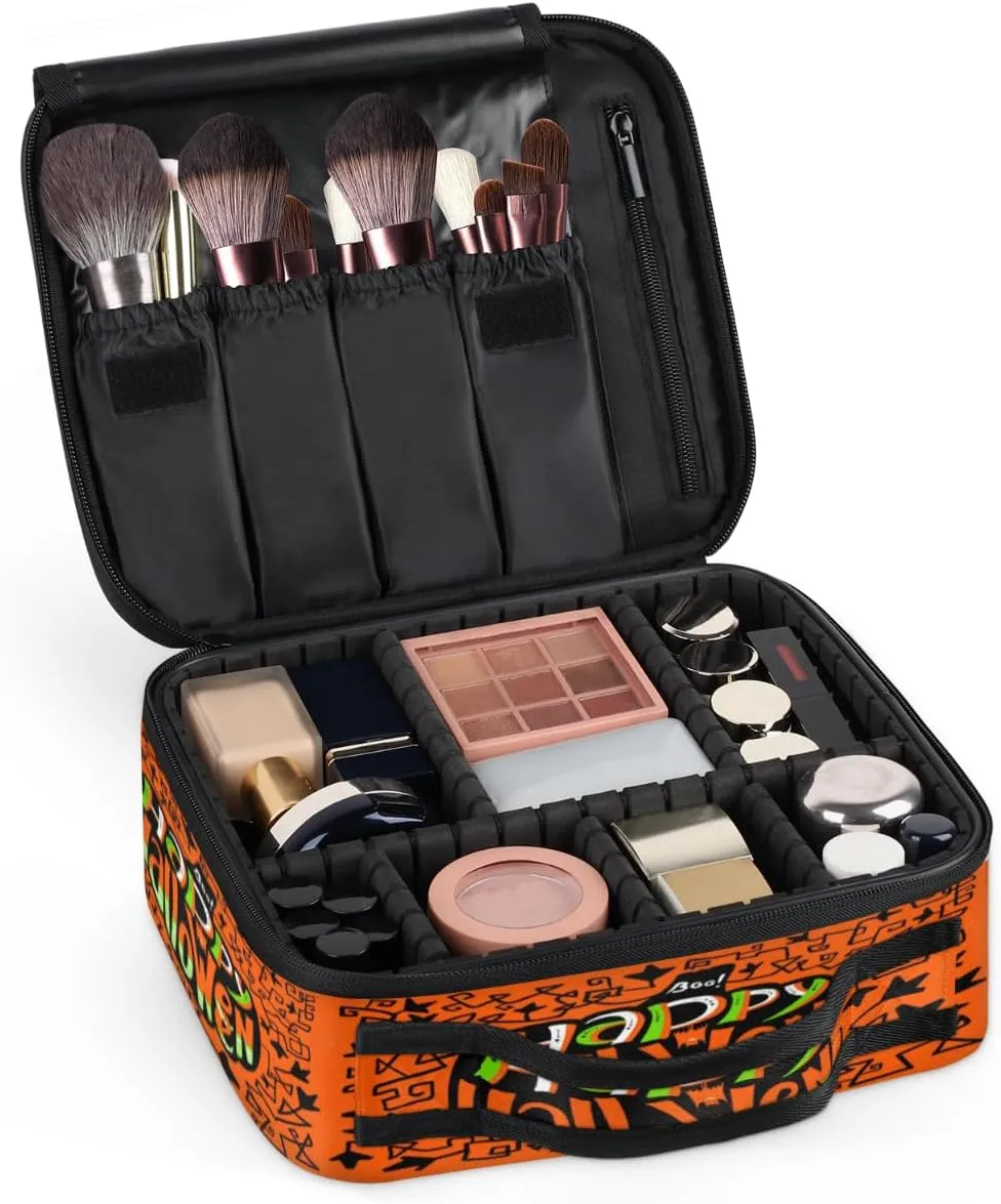 Happy Halloween Topic Makeup Train Case Travel Makeup Bag Professional Cosmetic Organizer Portable Storage Box with Adjustable Dividers for Cosmetics Makeup Brushes Toiletry
