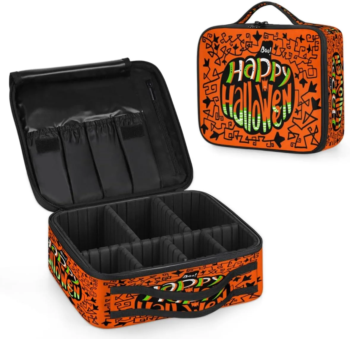 Happy Halloween Topic Makeup Train Case Travel Makeup Bag Professional Cosmetic Organizer Portable Storage Box with Adjustable Dividers for Cosmetics Makeup Brushes Toiletry
