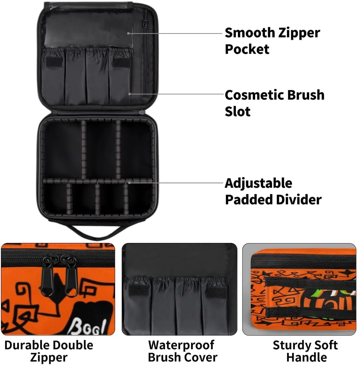 Happy Halloween Topic Makeup Train Case Travel Makeup Bag Professional Cosmetic Organizer Portable Storage Box with Adjustable Dividers for Cosmetics Makeup Brushes Toiletry