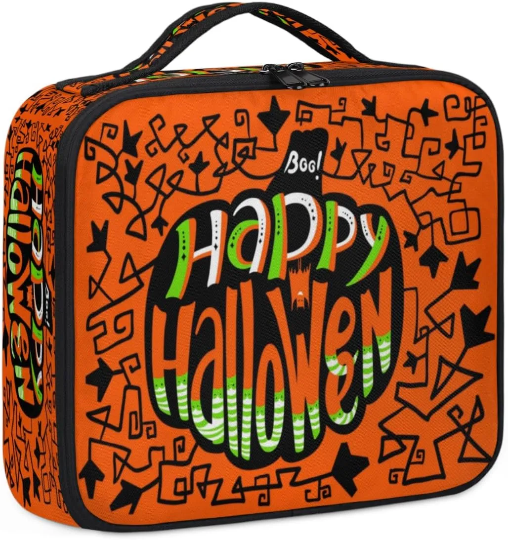 Happy Halloween Topic Makeup Train Case Travel Makeup Bag Professional Cosmetic Organizer Portable Storage Box with Adjustable Dividers for Cosmetics Makeup Brushes Toiletry