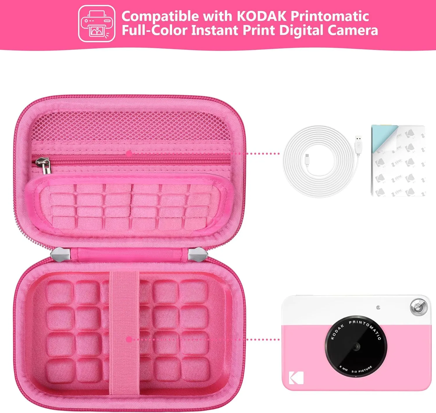 Hard Travel Case for KODAK Printomatic Full-Color Instant Print Digital Camera, Point and Shoot PRINTOMATIC Camera Carrying Bag with Mesh Pocket for Zink 2x3 Photo Paper, USB Cable, Pink