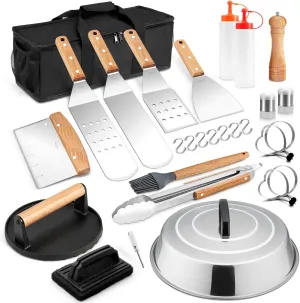 HaSteeL Griddle Accessories Kit of 28, Heavy Duty 18/10 Stainless Steel Teppanyaki Spatula for Flat Top Barbecue, Professional Grill BBQ Cooking Tools Set Indoor Outdoor, Wooden Handle & Melting Dome