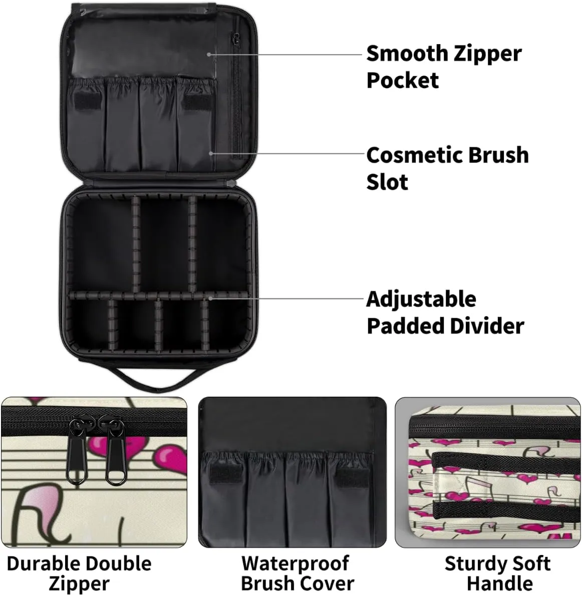 Heart Music Notes Makeup Train Case Travel Makeup Bag Professional Cosmetic Organizer Portable Storage Box with Adjustable Dividers for Cosmetics Makeup Brushes Toiletry