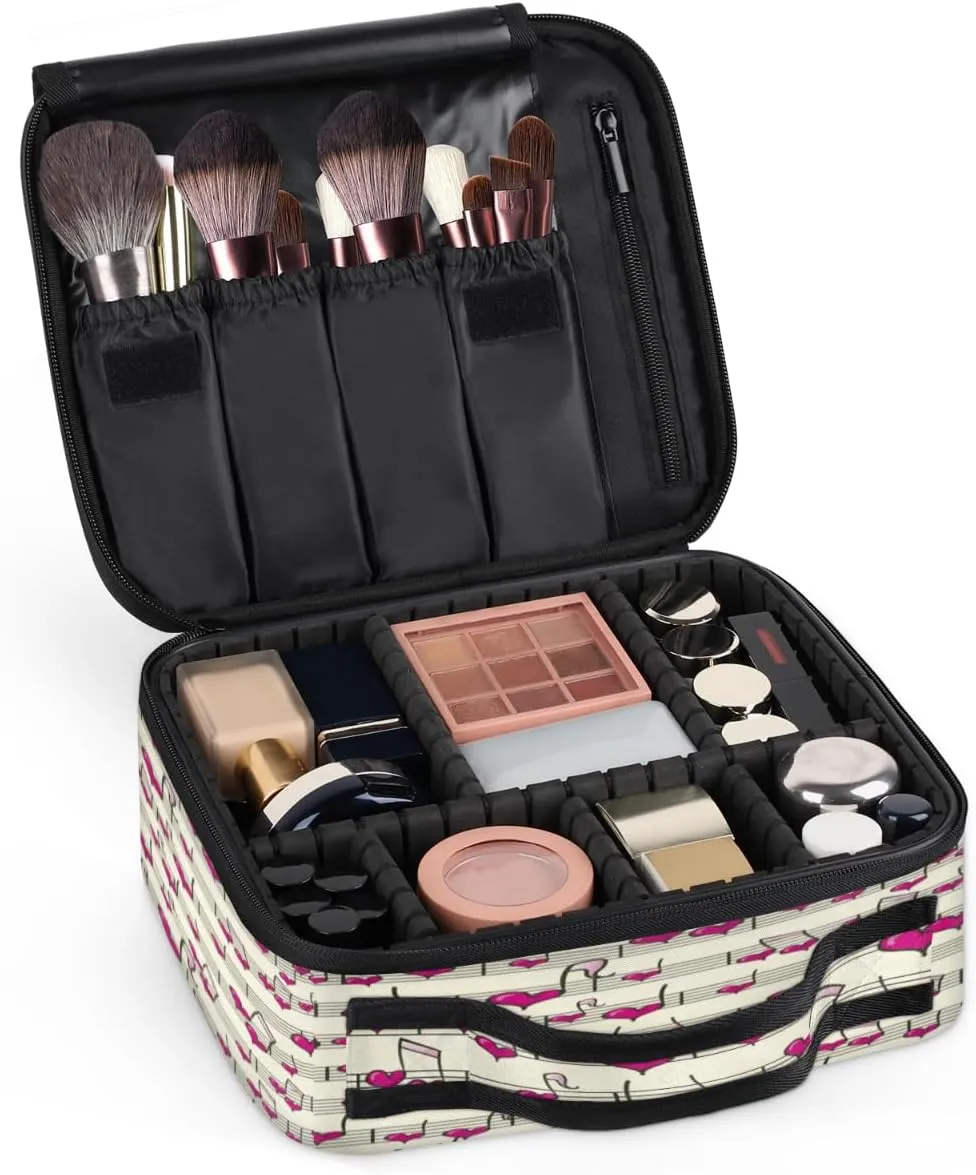 Heart Music Notes Makeup Train Case Travel Makeup Bag Professional Cosmetic Organizer Portable Storage Box with Adjustable Dividers for Cosmetics Makeup Brushes Toiletry