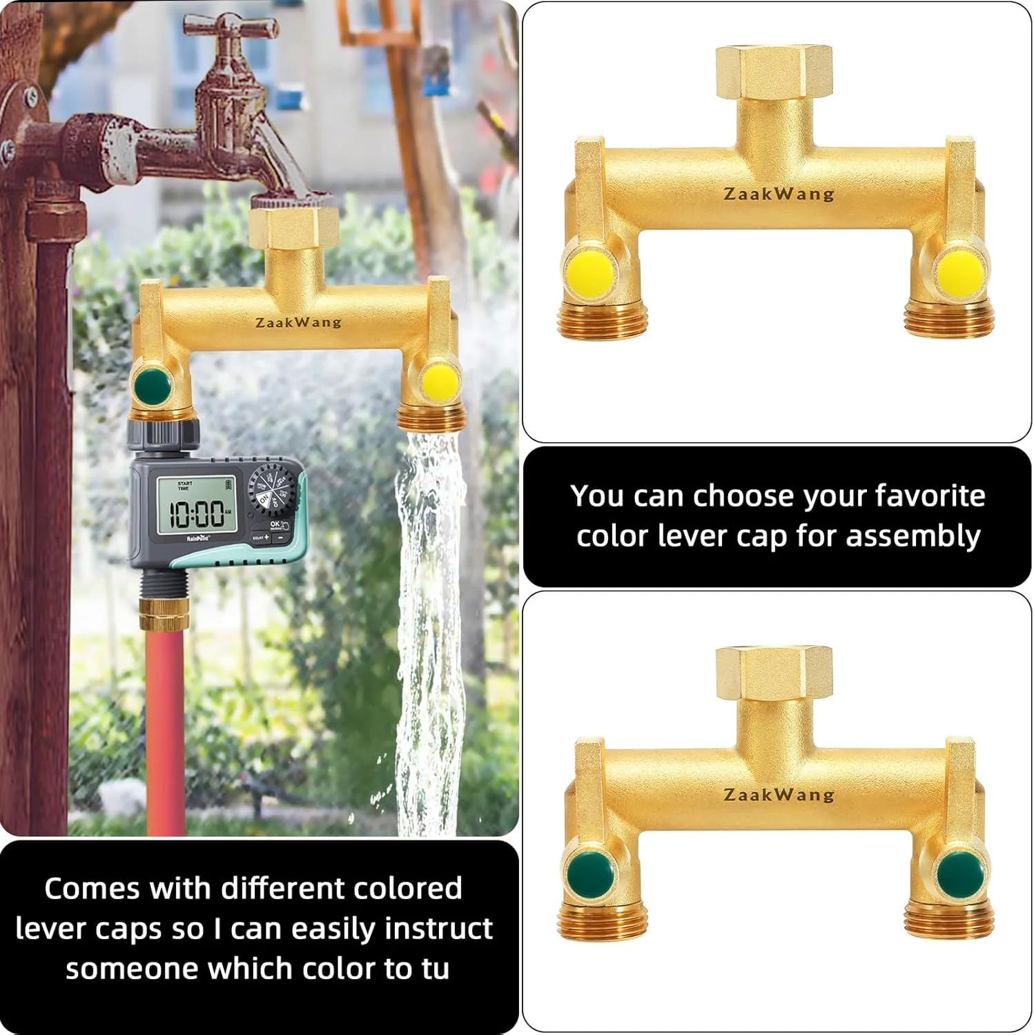 Heavy Duty Brass 2-Way Garden Hose Splitter, 3/4" GHT Threads, Metal Shutoff Valve, Long Handle