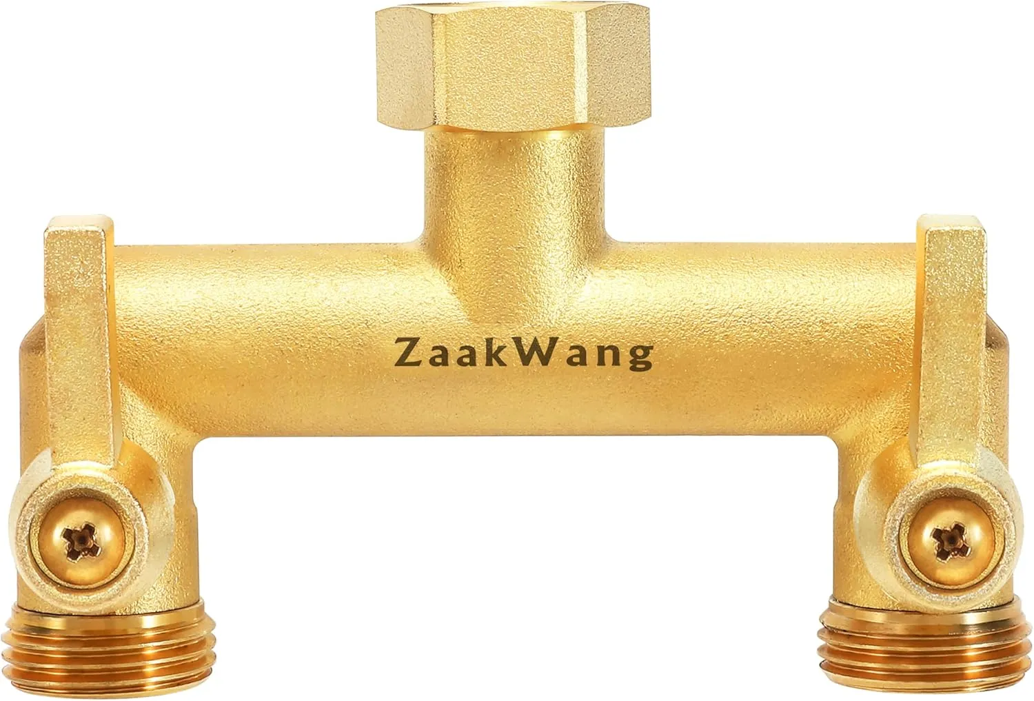 Heavy Duty Brass 2-Way Garden Hose Splitter, 3/4" GHT Threads, Metal Shutoff Valve, Long Handle