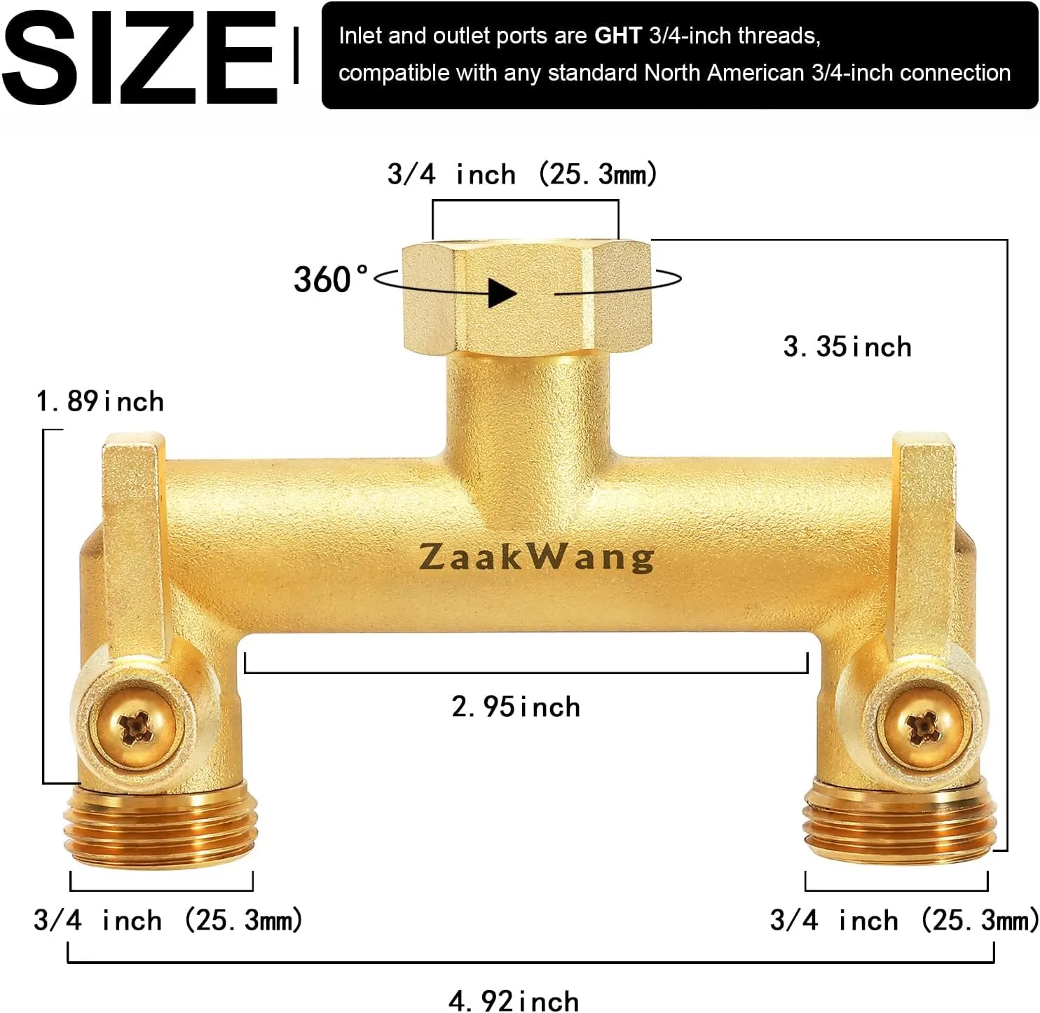 Heavy Duty Brass 2-Way Garden Hose Splitter, 3/4" GHT Threads, Metal Shutoff Valve, Long Handle