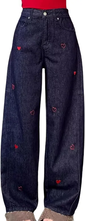 HGps8w Women's Cute Heart Embroidered Wide Leg Boyfriends Jeans Trendy High Waisted Strechy Casual Denim Pants with Pockets