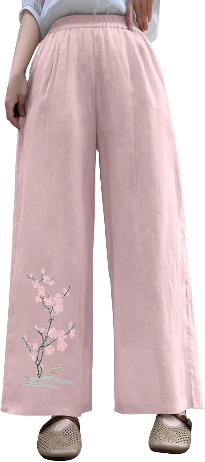 HGps8w Women's Summer Retro Embroidered Cotton Linen Palazzo Pants Wide Leg Elastic High Waisted Loose Lounge Trousers