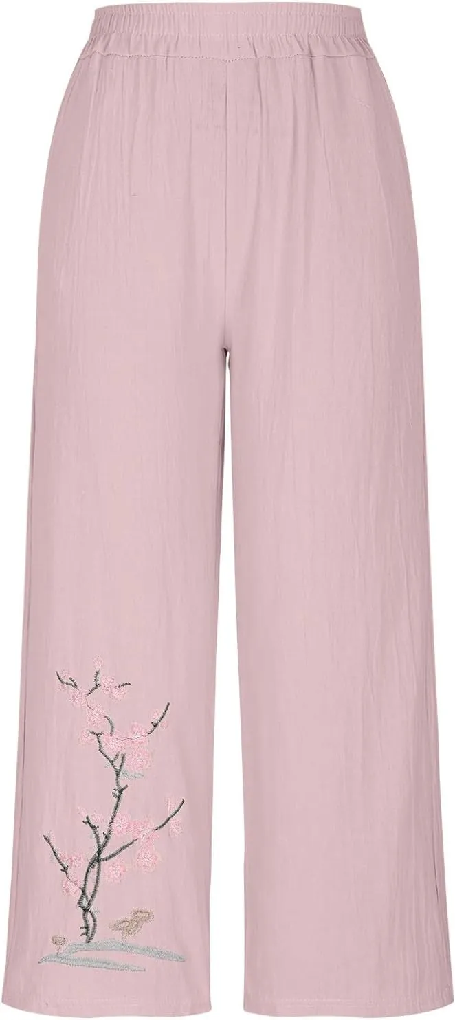 HGps8w Women's Summer Retro Embroidered Cotton Linen Palazzo Pants Wide Leg Elastic High Waisted Loose Lounge Trousers