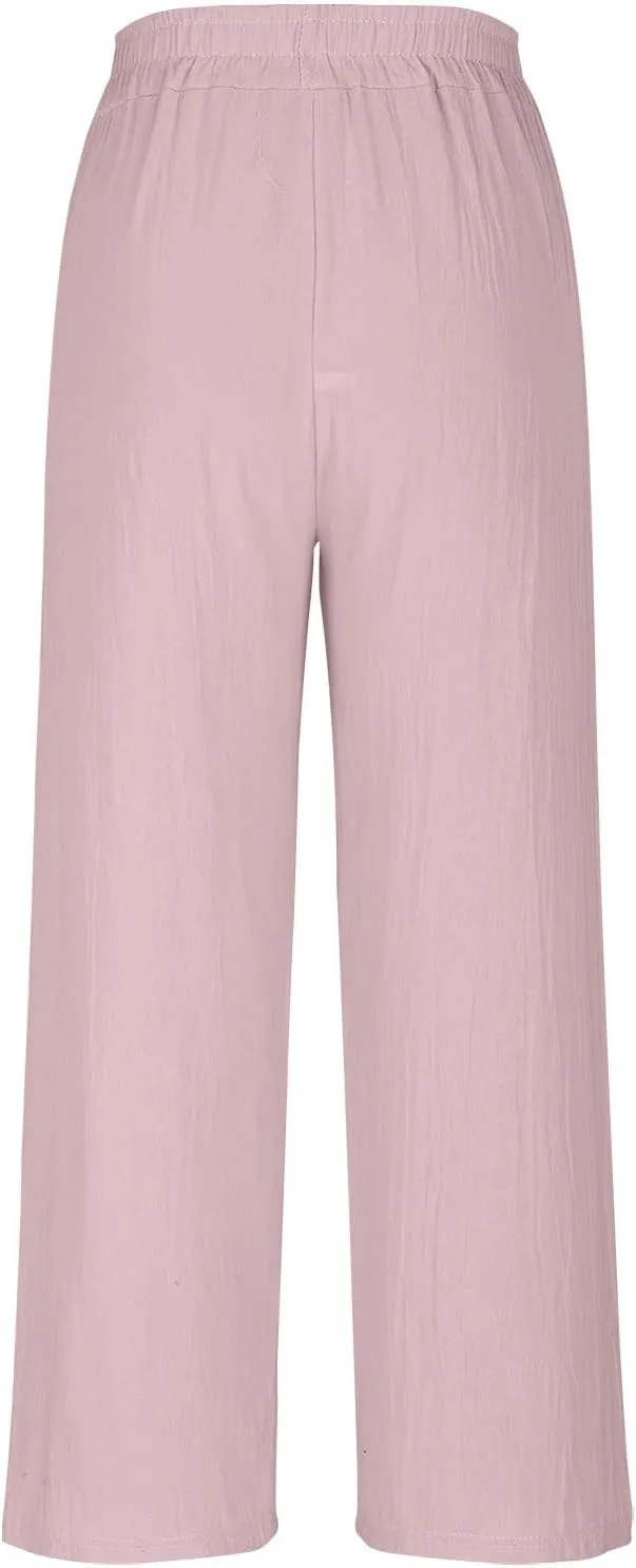 HGps8w Women's Summer Retro Embroidered Cotton Linen Palazzo Pants Wide Leg Elastic High Waisted Loose Lounge Trousers