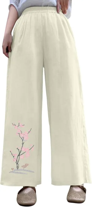 HGps8w Women's Summer Retro Embroidered Cotton Linen Palazzo Pants Wide Leg Elastic High Waisted Loose Lounge Trousers