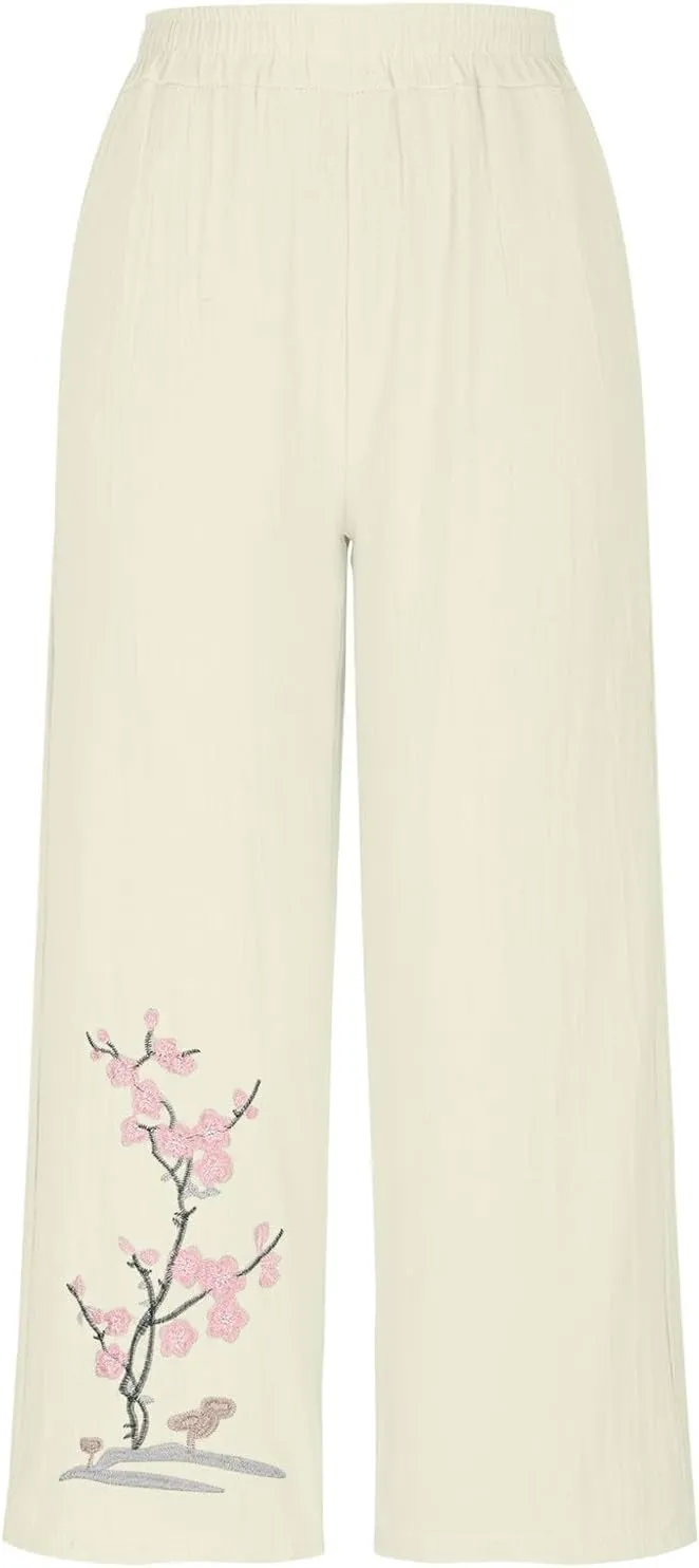 HGps8w Women's Summer Retro Embroidered Cotton Linen Palazzo Pants Wide Leg Elastic High Waisted Loose Lounge Trousers