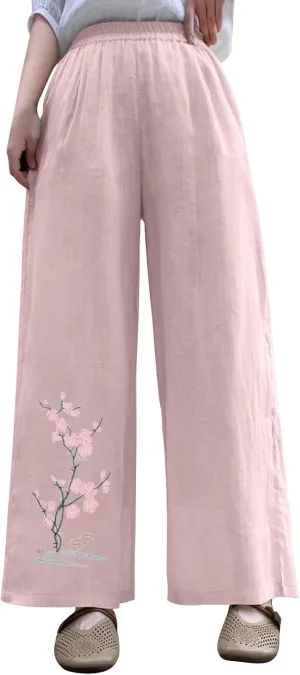 HGps8w Women's Summer Retro Embroidered Cotton Linen Palazzo Pants Wide Leg Elastic High Waisted Loose Lounge Trousers