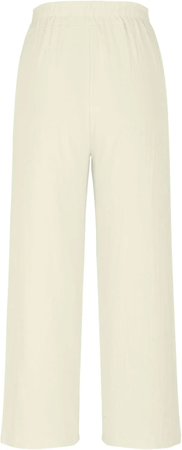 HGps8w Women's Summer Retro Embroidered Cotton Linen Palazzo Pants Wide Leg Elastic High Waisted Loose Lounge Trousers