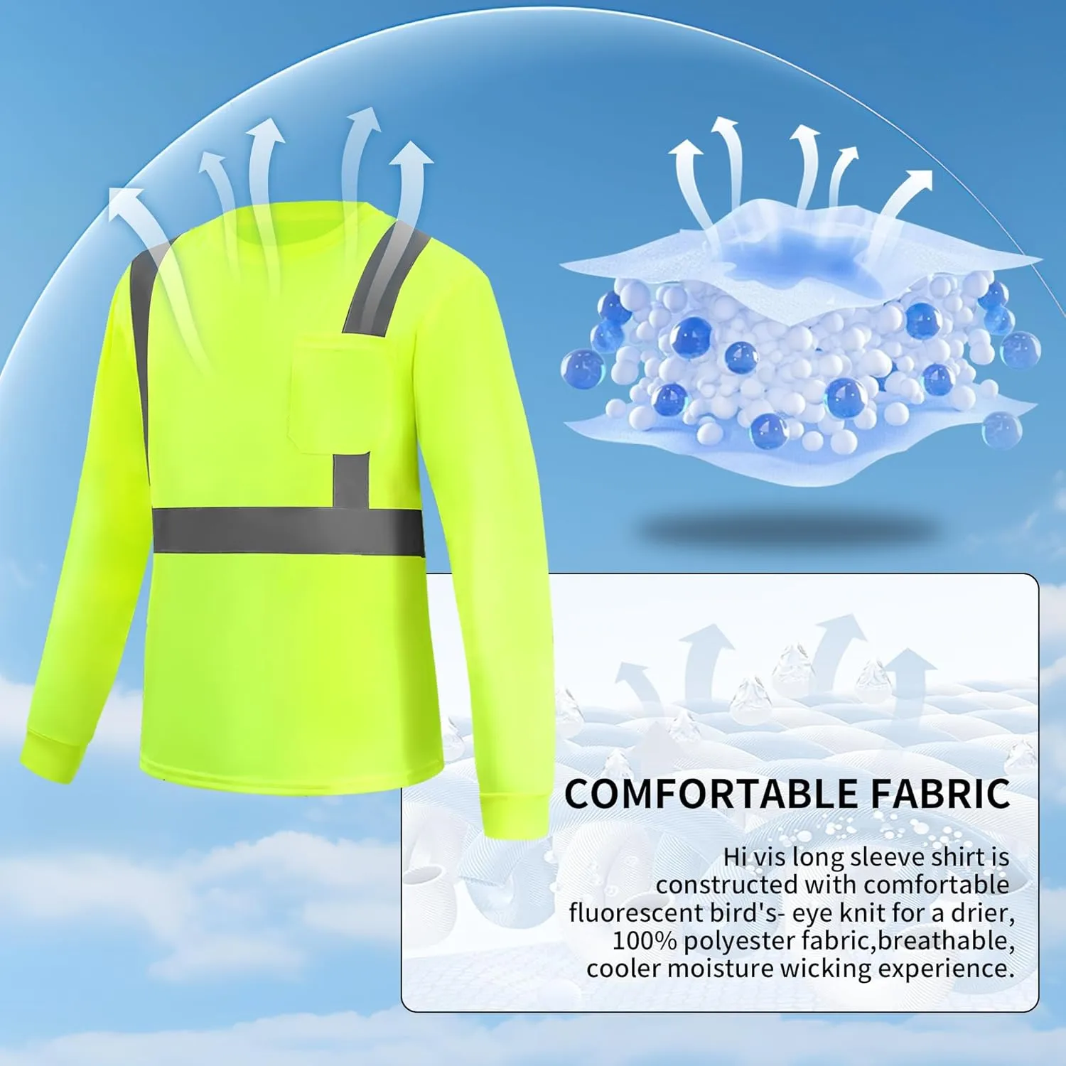 Hi Vis Long Sleeve Reflective T Shirts Safety Work Shirts Black Bottom Fast Dry for Men 12PCS