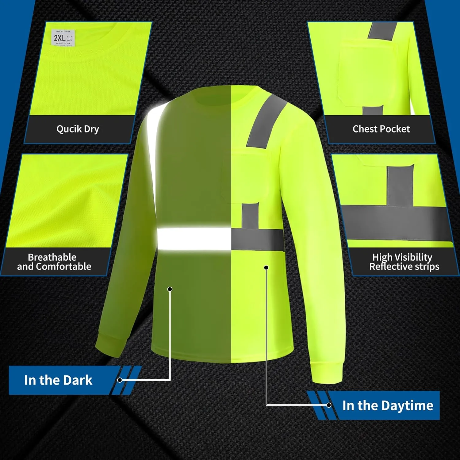 Hi Vis Long Sleeve Reflective T Shirts Safety Work Shirts Black Bottom Fast Dry for Men 12PCS