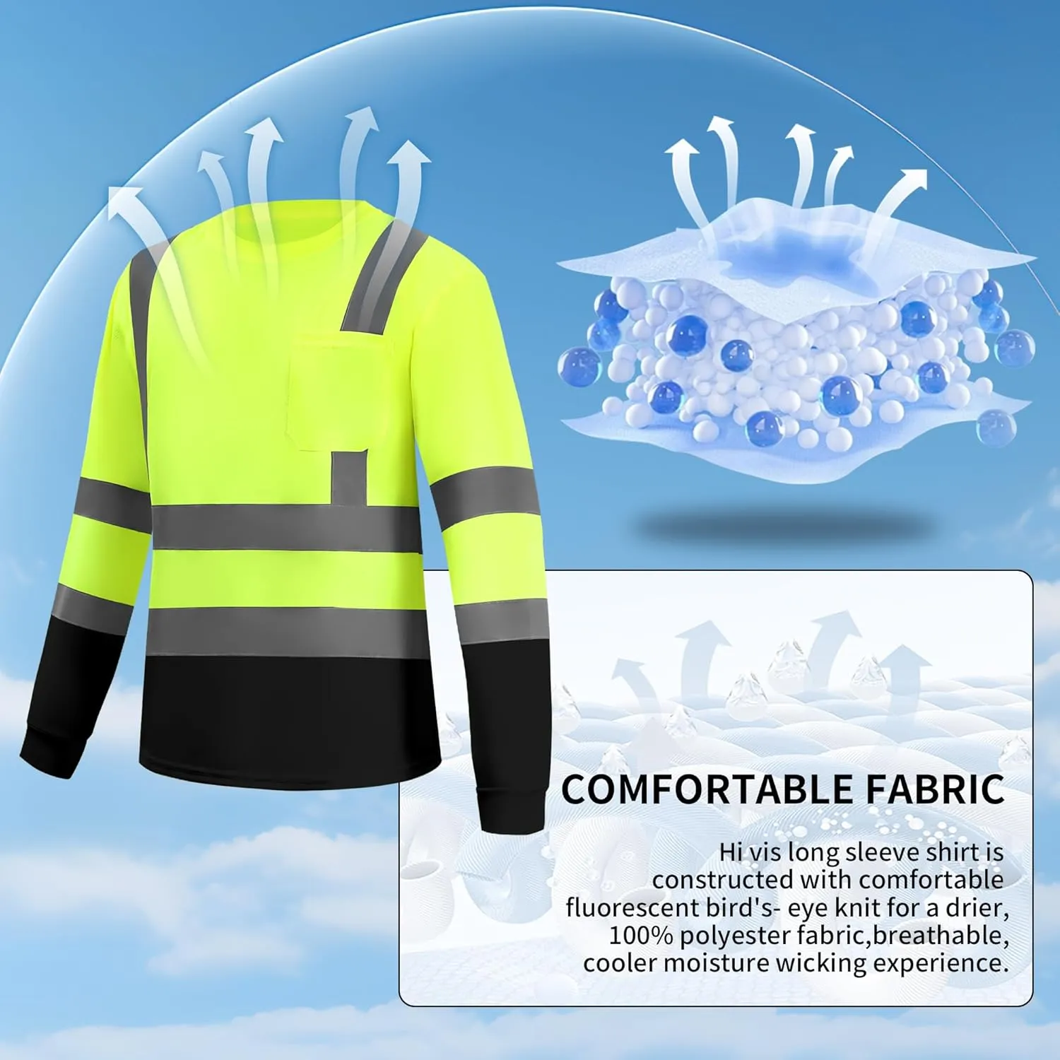 Hi Vis Long Sleeve Reflective T Shirts Safety Work Shirts Black Bottom Fast Dry for Men 12PCS