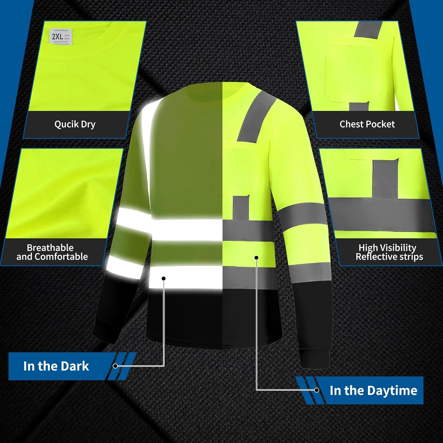 Hi Vis Long Sleeve Reflective T Shirts Safety Work Shirts Black Bottom Fast Dry for Men 12PCS