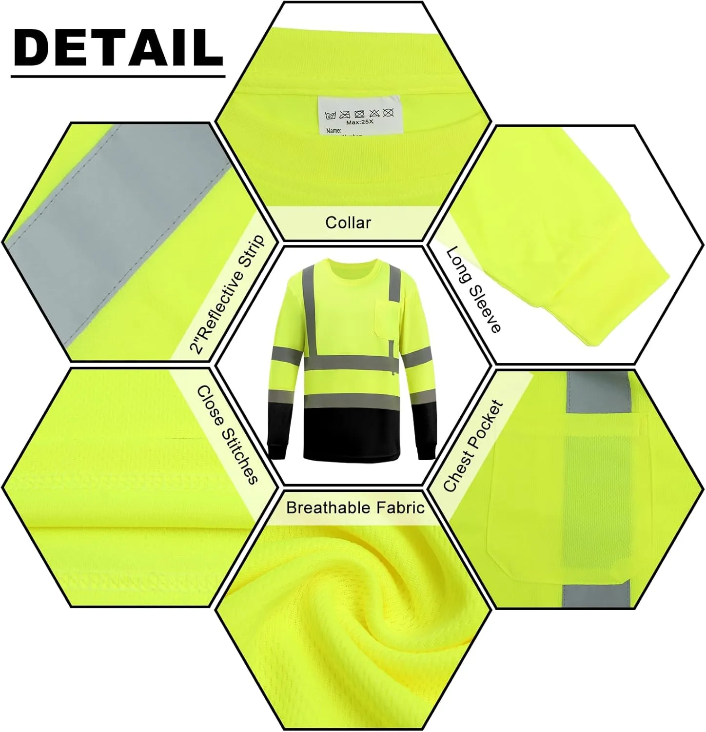 Hi Vis Long Sleeve Reflective T Shirts Safety Work Shirts Black Bottom Fast Dry for Men 12PCS