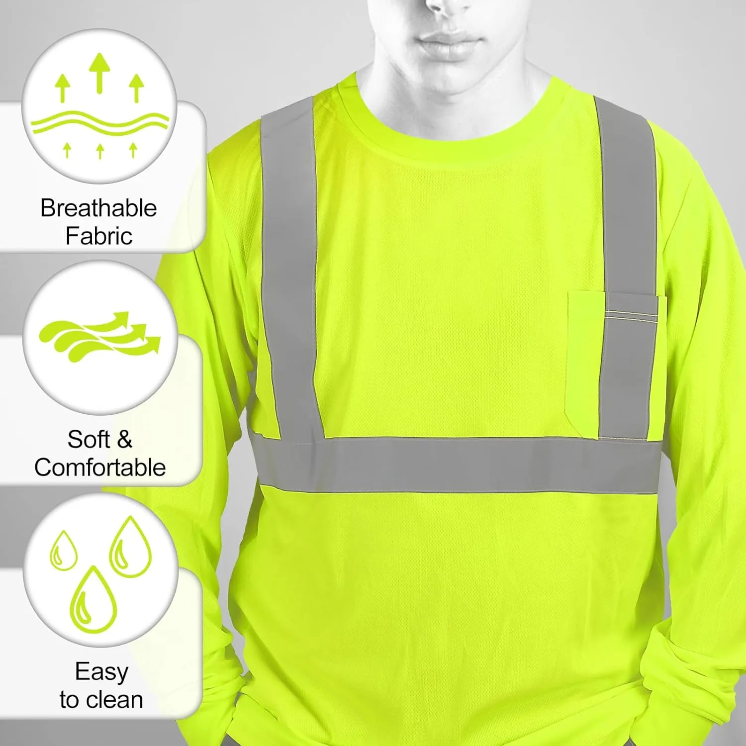 Hi Vis Long Sleeve Reflective T Shirts Safety Work Shirts Black Bottom Fast Dry for Men 12PCS