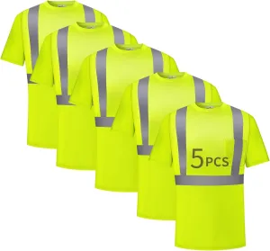 Hi Vis Safety Shirts for Men Reflective,High Visibility Work T-shirt Short Sleeve with Pocket, 3 and 5 Pack