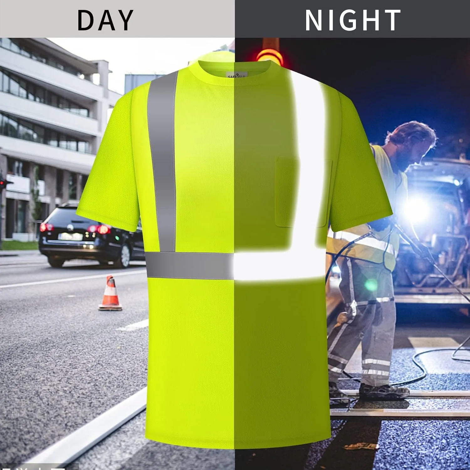 Hi Vis Safety Shirts for Men Reflective,High Visibility Work T-shirt Short Sleeve with Pocket, 3 and 5 Pack