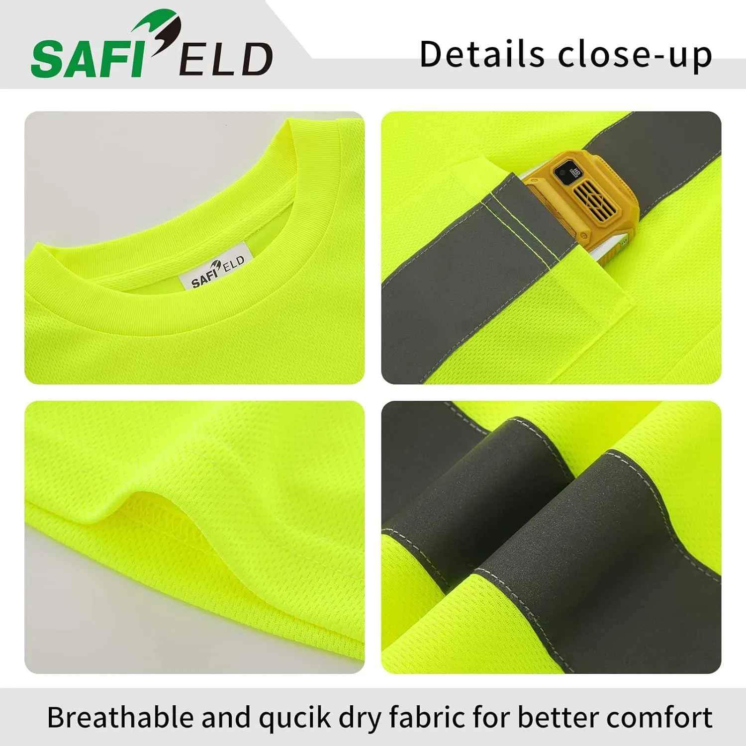 Hi Vis Safety Shirts for Men Reflective,High Visibility Work T-shirt Short Sleeve with Pocket, 3 and 5 Pack
