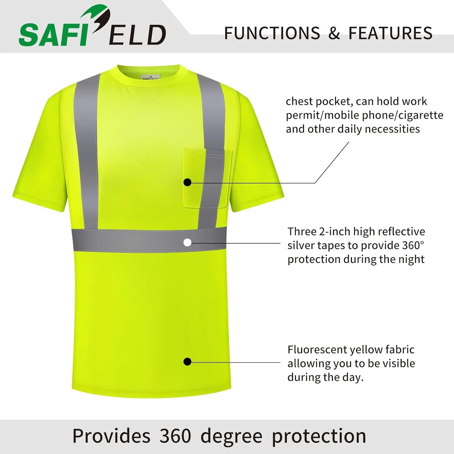 Hi Vis Safety Shirts for Men Reflective,High Visibility Work T-shirt Short Sleeve with Pocket, 3 and 5 Pack