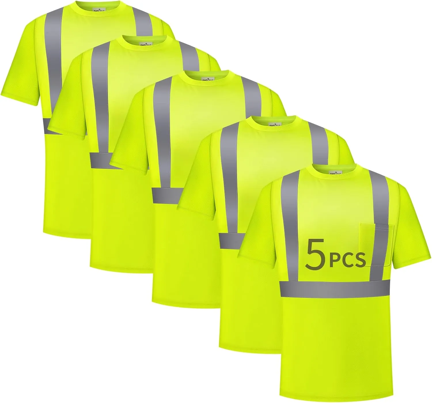 Hi Vis Safety Shirts for Men Reflective,High Visibility Work T-shirt Short Sleeve with Pocket, 3 and 5 Pack