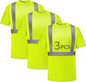 Hi Vis Safety Shirts for Men Reflective,High Visibility Work T-shirt Short Sleeve with Pocket, 3 and 5 Pack