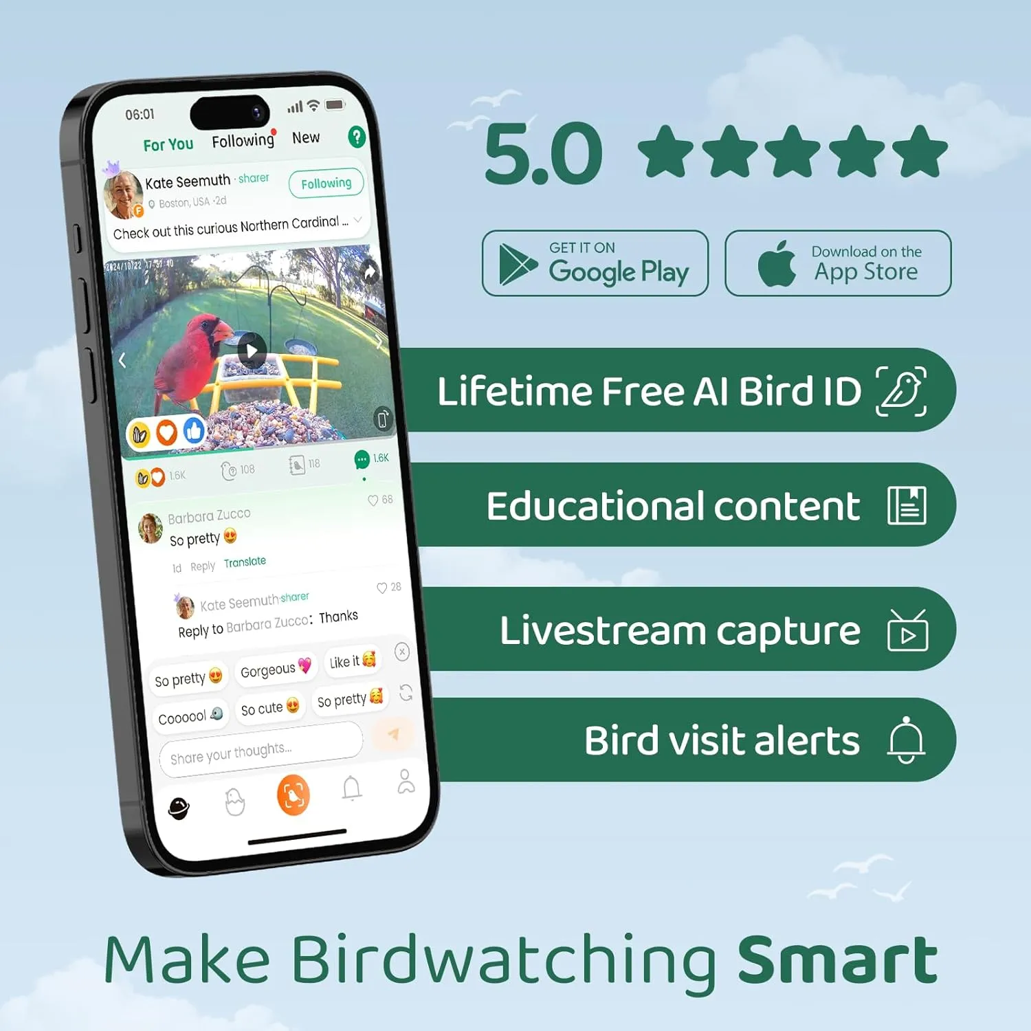 HIXX Smart Bird Feeder with Camera, Lifetime Free AI Identify Birds, Solar-Powered 2K HD Live Camera Video Birds Feeder for Outdoors with Color Night Vision for Bird Lovers Gifts (Spring Green)