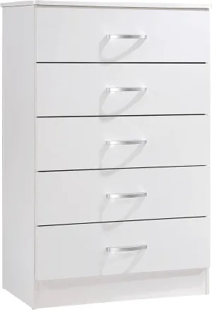 HODEDAH 5 Drawer Wood Dresser for Bedroom, Chest of Drawers with Metal Rails for Support when Storing Clothing, White